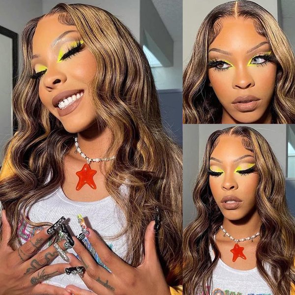 LEOSA Highlighted 13x4 HD Transparent Lace Front Wigs Body Wave Honey Blonde Pre Plucked Lace Front Wig for Black Women Blonde Highlight Wavy Frontal Wig 4H27 Natural Looking Long Haired Wig