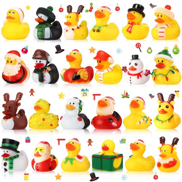 Charniol 24 Pcs Christmas Rubber Duck 2 Inch Mini Ducking Toy 24 Boys Girls Float Bath Xmas Decoration Gift for Ducking Baby Showers Birthday Party Favors
