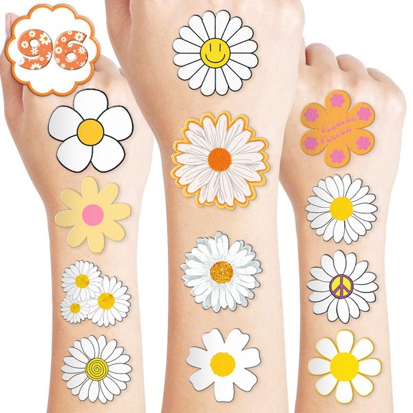 105 PCS Daisy Flower Temporary Tattoos Cute Birthday Party Decorations Favors Supplies Decor Groovy Spring Boho Yellow While Daisy Flower Hippie Stickers For Girls Gift School Prizes Rewards