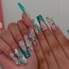MISUD Press on Nails Long Square Fake Nails Matte Glue on Nails Green French Tip Acrylic Nails Squoval Bling Glitter Artificial Nails Butterfly Rhinestone False Nails with Flower Design 24 pcs