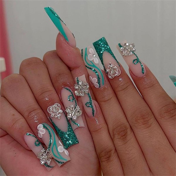 MISUD Press on Nails Long Square Fake Nails Matte Glue on Nails Green French Tip Acrylic Nails Squoval Bling Glitter Artificial Nails Butterfly Rhinestone False Nails with Flower Design 24 pcs