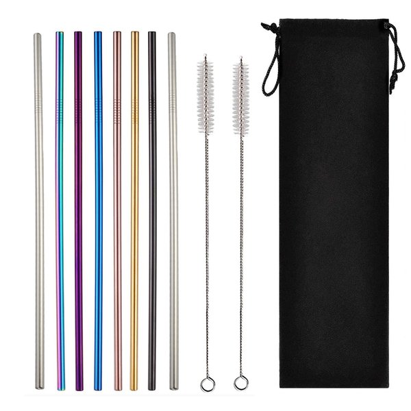 Turbokey Stainless SteelStraws Colored Straight Metal Drinking Straws with Case Reusable 8.5 Inch Extra long for 20oz Tumbler Pack of 10 (7 Colors)