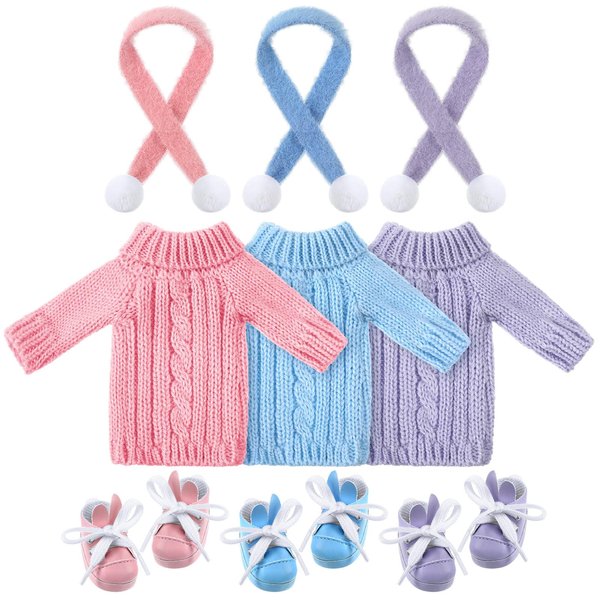 Bencailor 9 Pcs Christmas Elf Doll Clothes 11.5 Inch Elf Outfit Accessories Set Doll Clothing Include Knitted Santa Sweater Dolls Shoes Snow Boots Short Pants for Winter Doll(Blue, Purple, Pink)