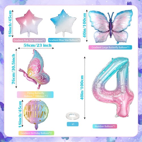 Butterfly Balloons 4th Birthday Decorations for Girls, Gradient Pink Colorful Butterfly Foil Balloon, Giant Number 4 Foil Mylar Balloon, 4 Years Old Butterfly Theme Birthday Party Supplies Decor