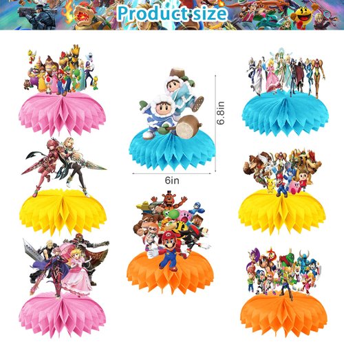 Super Smash Brothers Birthday Party Supplies, 8pcs Super Smash BrothersTheme Table Decorations Honeycomb Centerpieces Super Mario Birthday Decorations
