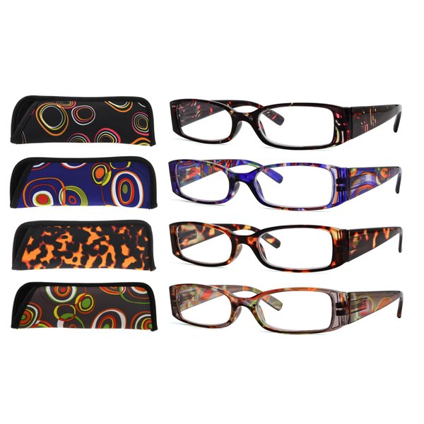 Eyekepper 4-Pack Beautiful Colors Spring Hinge Rectangular Reading Glasses +1.25