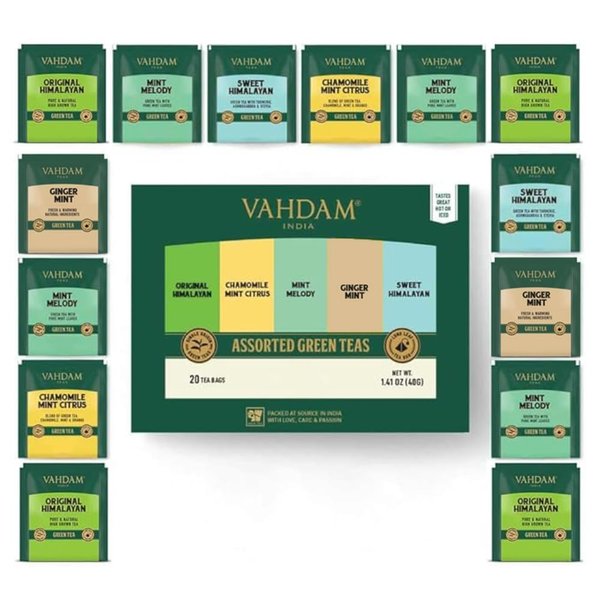 VAHDAM, Assorted Green Tea Sampler Box (20 Premium Individually Wrapped Pyramid Tea Bags) Natural & Delicious Hot Tea Variety Pack | Tea Gift Set