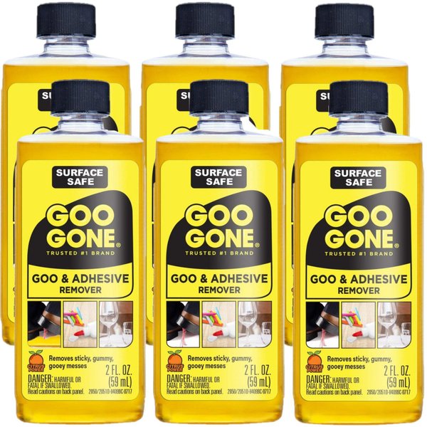 Goo Gone Original - 2 Ounce - Surface Safe Adhesive Remover Safely Removes Stickers Labels Decals Residue Tape Chewing Gum Grease Tar - Pack of 6