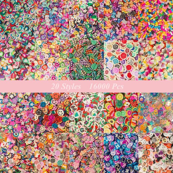 16000 pcs (20 Styles) Clay Slices Charms, VEINARDYL Nail Art Slices Fruit Heart Flower 3D Polymer Clay for DIY Crafts Resin Slime Making Cellphone Decoration