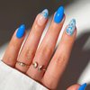 French Tips Press on Nails for Manicure Art with Flower Design, Glossy Gold Glitter Acrylic False Nails Gel Glue on Nails Blue Flower Short Almond Full Cover Fake Nails Stick on Nails for Women 30Pcs