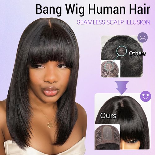 Starmo Bob Wig with Bangs Human Hair Wigs Glueless Wigs Straight Layered Bob Wigs with Bangs 4x2 Transparent Lace Bob Wigs Natural Black for Women 14 Inch