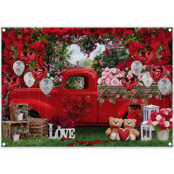 ZTHMOE 7x5ft Polyester Valentine's Day Red Truck Backdrop Rose Garden Heart Love Balloons Photography Background Romantic Gift Banner Decorations Couple Photo Props