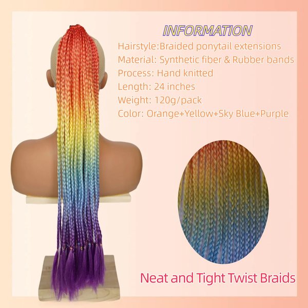 Colored Braids Hair Extensions with Rubber Bands Rainbow Braided Ponytail Synthetic Wigs for Kids Twist Dreadlock Highlights Girls Party Rave Festival Glitter Hair Extensions 24 Inch (2 pcs)