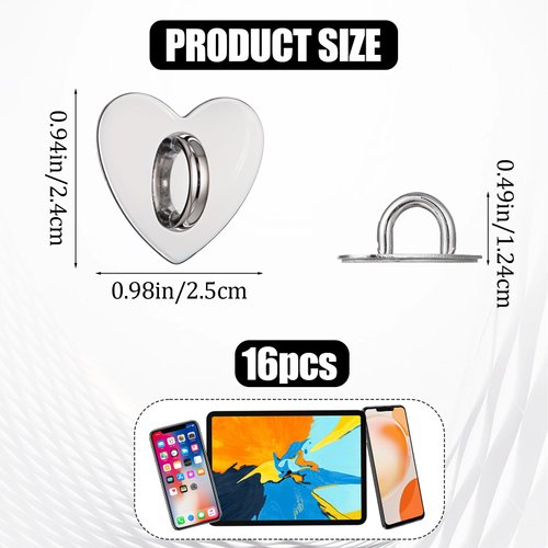 Qianyu 16 Pcs Cell Phone Ring Holder Grips 360°Rotation Finger Ring Stand Heart Cute Universal Adhesive Metal Hook Kickstand for DIY Sticky Cell Case Pad Charms Tablet Hanging Supplies Accessories