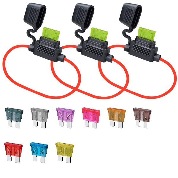 GNAWRISHING 18 AWG ATC/ATO Inline Fuse Holder(3PCS) and Standard Blade Fuse 5PCS of Each 1A, 2A, 3A, 4A, 5A, 7.5A, 10A, 15A, 20A Assorted Set