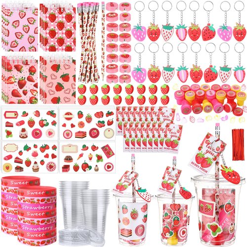 Colarr 161 Pcs Christmas Strawberry Party Favors School Stationery Set Includes Gift Cup Notebook Pencil Sharpener Eraser Keychain Stamp Slap Bracelet Sticker Card for Child Supplies