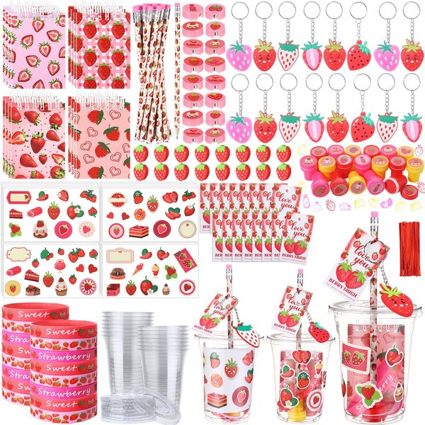 Colarr 161 Pcs Christmas Strawberry Party Favors School Stationery Set Includes Gift Cup Notebook Pencil Sharpener Eraser Keychain Stamp Slap Bracelet Sticker Card for Child Supplies