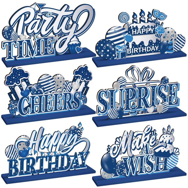 Hoolerry 6 Pieces Happy Birthday Party Decorations Wooden Birthday Table Centerpieces Bule and SIiver Birthday Table Decorations Centerpieces for Men and Woman Birthday Party Supplies