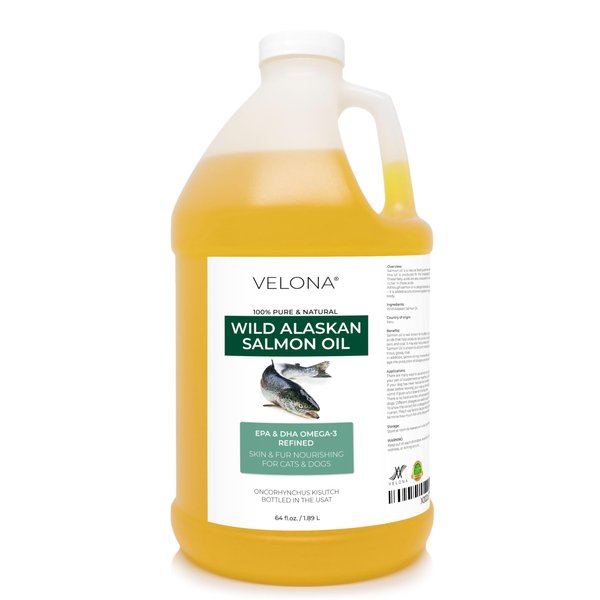 Velona Wild Alaskan Salmon Oil - 64 oz | 100% Pure Refined Oil | for Dogs & Cats - Supports Joint Function | Omega 3 Liquid Food Supplement for Pets - Natural EPA + DHA Fatty Acids for Skin & Coat