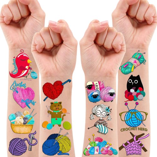89PCS Cute Knitting Crochet Temporary Tattoos Stickers Sewing Quilting Themed Birthday Party Decorations Favors Supplies Decor Hooker Yarns Tattoo Gifts For Crocheters Women Girls School Carnival