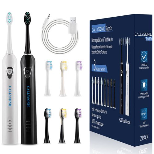 CALLYSONIC Sonic Electric Toothbrush for Adult, 2 Pack Rechargeable Tooth Brush, 3 Modes, Smart Timers, One Charge for 60 Days, Electric Toothbrush Set with 8 Brush Heads, 48,000 VPM