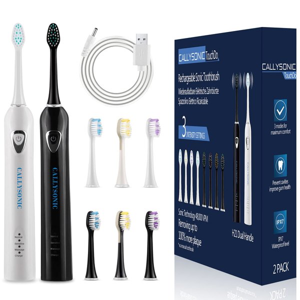 CALLYSONIC Sonic Electric Toothbrush for Adult, 2 Pack Rechargeable Tooth Brush, 3 Modes, Smart Timers, One Charge for 60 Days, Electric Toothbrush Set with 8 Brush Heads, 48,000 VPM