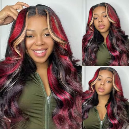 MARRY MOON 200% Density Glueless Wig Black Red Wig Burgundy Highlight Wig Human Hair Body Wave Lace Front Wigs Human Hair 13X6 HD Lace Front Human Hair Wigs Pre Plucked with Baby Hair 26 Inch