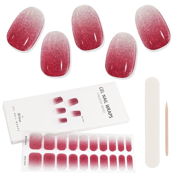 Kalolary Glitter Gel Nail Strips Sticker, Pink Gradient Full Nail Wrap Gel Nail Art Polish Sticker Long-Lasting Gel Nail Wrap with Nail File and Stick（UV/LED Lamp Required）