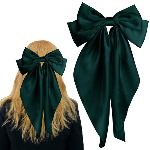 Pufandor Hair Bow Silky Satin Hair Ribbons for Women, Green Bows for Girls Hair Bowknot Barrettes Long Tails with Clips Big Hair Bows Hair Accessories (Dark Green 1pc)