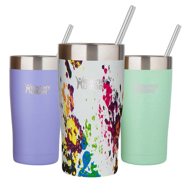 Healthy Human Stainless Steel Tumbler with Straw & Lid | Splash Proof Insulated Travel Cup | Eco-Friendly Coffee Tumblers | Water Cups with Straws Cleaner and Splash Proof Lids (20oz, Art Deco)