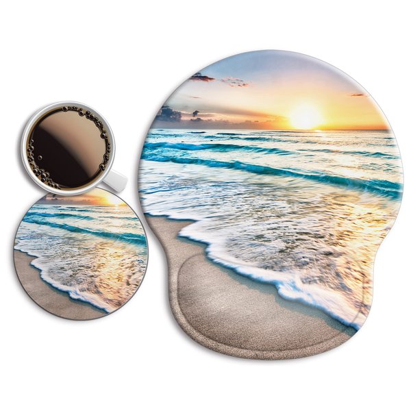 Ergonomic Mouse Pad with Wrist Support Rest,[ 20% Larger] Mousepad Gel Wrist Rest, with Coaster Non-Slip & Pain Relief for Computer, Desk, Home&Office-Beach