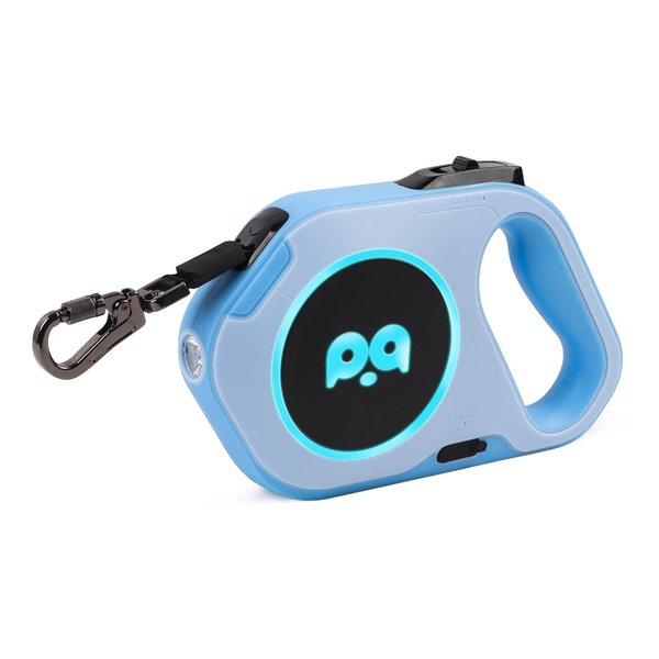 QQPETS Retractable Dog Leash with Rechargeable LED Light - 16 ft Strong Nylon Tape for Night Walks up to 88lbs Pet - 360° Tangle-Free One-Handed Brake, Pause, Lock (Blue)