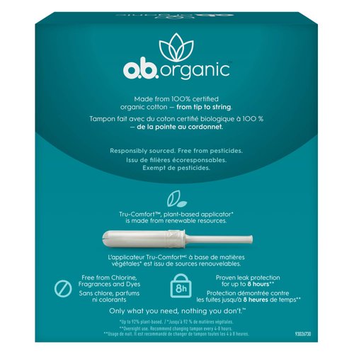 o.b. Organic Tampons with New Plant-Based Applicator, 100% Organic Cotton, Super, 18Count