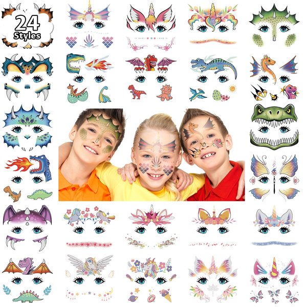 Partywind 24 Styles Face Temporary Tattoos for Kids, Dinosaur Fake Tattoo Stickers for Boys Girls Party Supplies Favors, Face Tattoos for Birthday Games, Kids Goodie Bag Stuffers