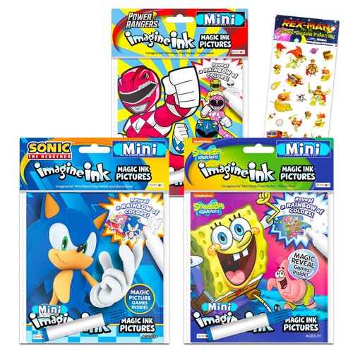 Mess Free Coloring Book Set for Kids Boys - Bundle with 3 Imagine Ink Coloring Books with No Mess Invisible Ink Pens Featuring Sonic the Hedgehog, Power Rangers, Spongebob