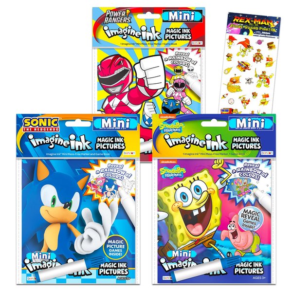 Mess Free Coloring Book Set for Kids Boys - Bundle with 3 Imagine Ink Coloring Books with No Mess Invisible Ink Pens Featuring Sonic the Hedgehog, Power Rangers, Spongebob