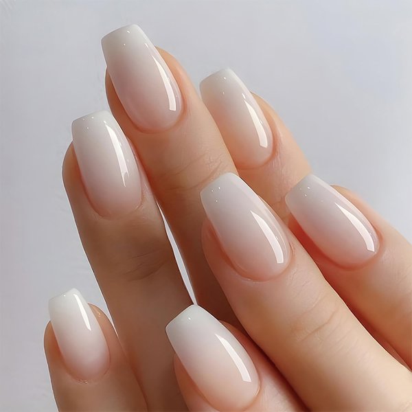 24Pcs Nude Press on Nails Medium Length Fake Nails Square Designs Gradient White Glossy Full Cover Stick on Nails Artificial Coffin False Nails Glue on Nails for Women Girls Acrylic Nails Decorations