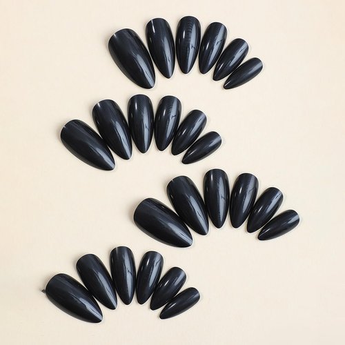 IFMOPETY Black Press on Nails Medium Almond, Fake Nails with Pure Black Design，Glue on Nails for Daily Wear，24pcs Black Fake Nails, 24pcs Nail Jelly Stickers, 1 Mini Nail File, and 1 Wooden Stick