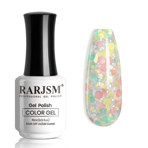 RARJSM Glitter Gel Nail Polish Pink Yellow Green Patel Spring Summer Color Big Flakes Gel Polish Sparkly Chunky Clear Shimmer Pigments Soak off Led UV Curing Required for Home Salon Manicure 15ml