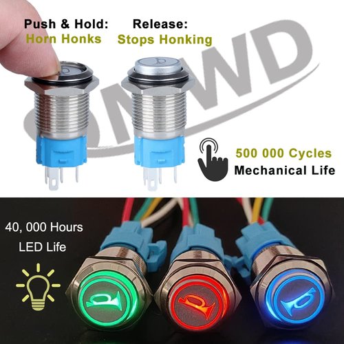 DMWD 16mm Raised Speaker Horn Momentary Push Button Switch 5/8" Mounting Hole 12V-24V LED Lighted 1NO 1NC SPDT with Pre-Wired Socket for Car Truck Boat Marine (Red)