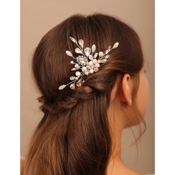 Teyglen Boho Flower Rhinestone Wedding Hair Comb Teardrop Crystal Hair Comb Hair Accessories for Bride Chamapagne Pearl Beads Hair Piece Bridal Side Comb for Women