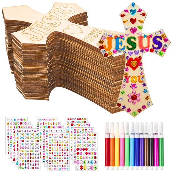 36 Pieces Wood Cross Crafts for Kids DIY Wooden Cross for Christian Jesus Sunday School Vacation Bible School Crafts Supplies with 14 Pieces Stickers and 12 Pieces Watercolor Pens (Exquisite Style)