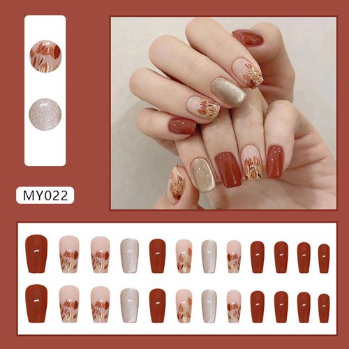Fall Cat Eye Press on Nails Medium Length Fake Nails Flower Designs Stick on Nails Reddish Brown False Nails Full Cover Glitter Glue on Nails Acrylic Press on Nails Reusable Nails for Women 24Pcs