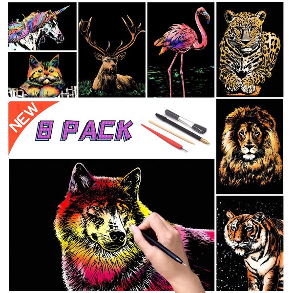 Scratch Rainbow Painting Art Paper,Scratch & Sketch Art for Kids & Adults,Scratch Painting Creative Gift Engraving Art & Craft Set,Sketch Pad Diy Scratchboard with 4 Tools,11.7''x8.3''(Animal Series)