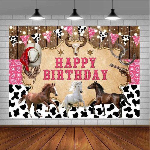 Western Cowboy Birthday Backdrop Western Cowboy Rodeo Background Cow Print Cowboy Wild West Birthday Boys Baby Shower Party Supplies Happy Birthday Party Banner Cake Table Banner (7X5FT)