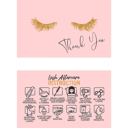 50 Pck Lash Extension Aftercare Thank You Cards, Lash Supplies, Size 3.5”x2” in, Pink
