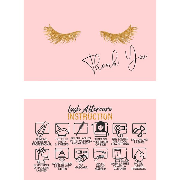 50 Pck Lash Extension Aftercare Thank You Cards, Lash Supplies, Size 3.5”x2” in, Pink
