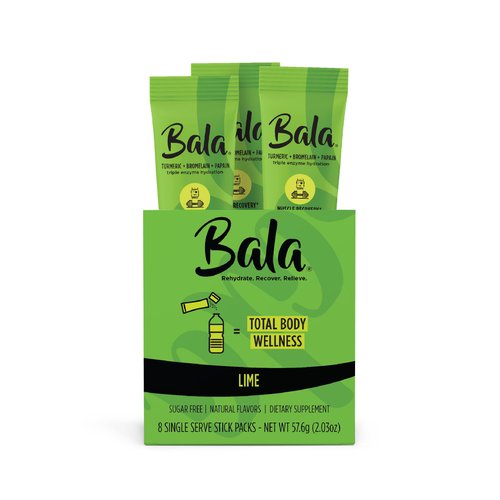 BALA Hydration Turmeric Drink Mix Packet | Sugar-Free Electrolyte Powder, Post Workout Recovery Drink, Joint Relief | Plant-Based Enzymes, Bromelain, Papain, Curcumin (Lime 8 Pack)