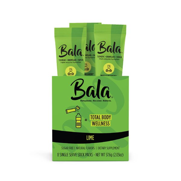 BALA Hydration Turmeric Drink Mix Packet | Sugar-Free Electrolyte Powder, Post Workout Recovery Drink, Joint Relief | Plant-Based Enzymes, Bromelain, Papain, Curcumin (Lime 8 Pack)