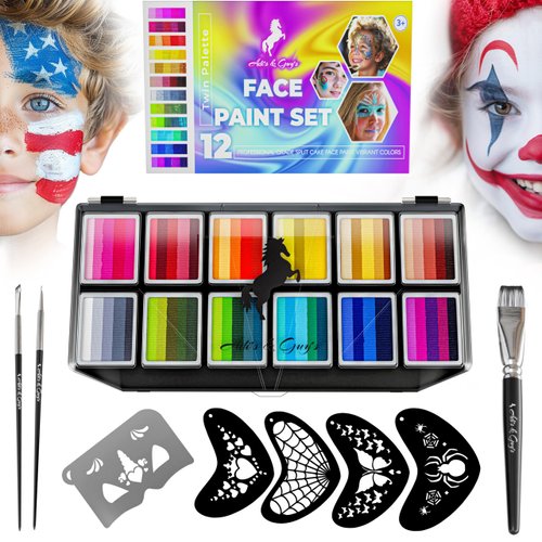 ADIS&Guys Face Painting Kit - 12 Professional Split Cake Face Paint Colors with 3 Brushes & 5 Reusable Stencils, Water-Activated Face Paint for Kids & Professional Use, Rainbow Face Paint Palette.